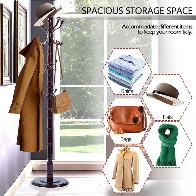 Coat Racks Free Standing with 14 Hooks, Natural Wood Coat Stands - Image 5