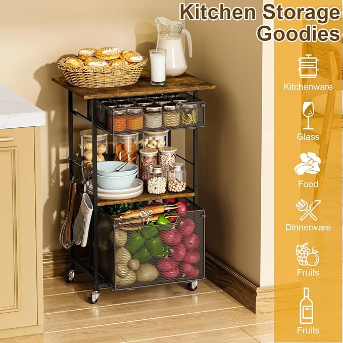 Microwave Stand with Drawers & Hooks, 3-Tier Rolling Kitchen Cart - Image 5