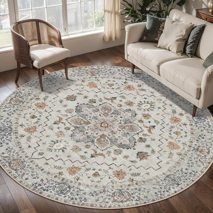 Tangsoo Vintage Round Rug 6ft, Washable Circle Rug, Non Slip Boho Round Area Rug - Image 8