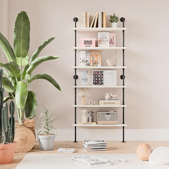 6 Tier Industrial Ladder Shelf Bookcase, Wall Mounted Rustic Bookshelf by ANYNICE