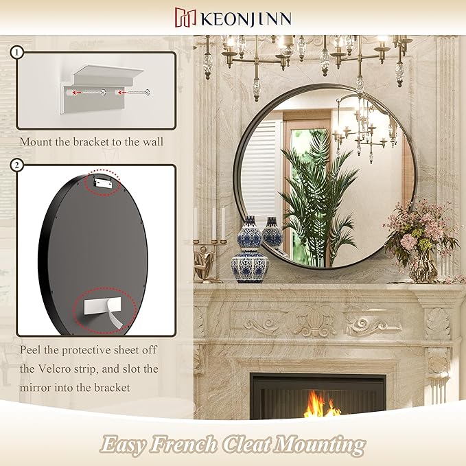 Keonjinn Black Round Mirror 24 Inch, Brushed Black Framed Circle Mirror - Image 5