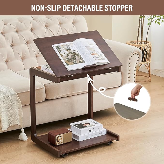CozyDH Adjustable C Shaped End Table, Rolling Side Table Solid Wood TV Sofa - Image 6