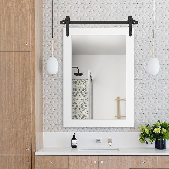 Bathroom Mirror for Over Sink 26”x40” Farmhouse Barn Door Mirror Rustic Wood - Image 5
