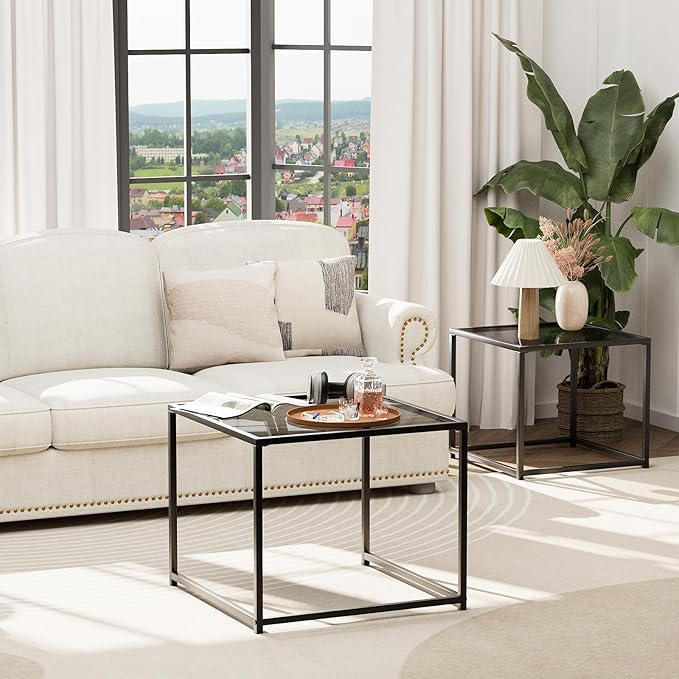 VILAWLENCE Coffee Table Set of 2, Modern Grey Glass Side Table, Metal Frame - Image 6