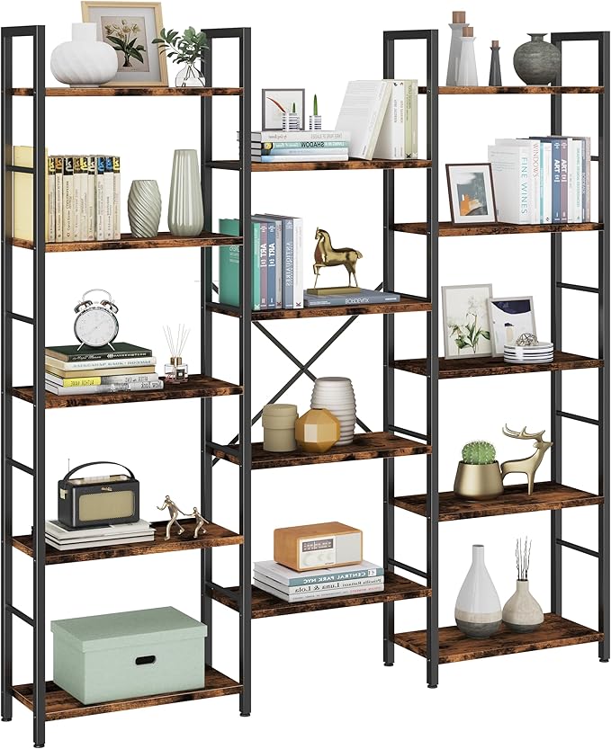 Shintenchi Triple Column 5 Tier Bookshelf, Industrial Large Bookcase Display - Image 6