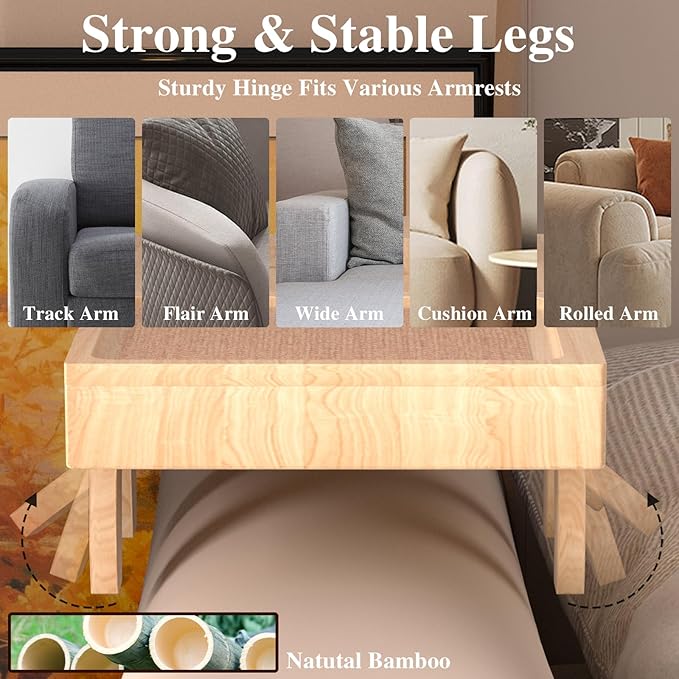 Bamboo Couch Arm Table with 2 Rotating Lids & Adjustable Phone Holder, Foldable - Image 5