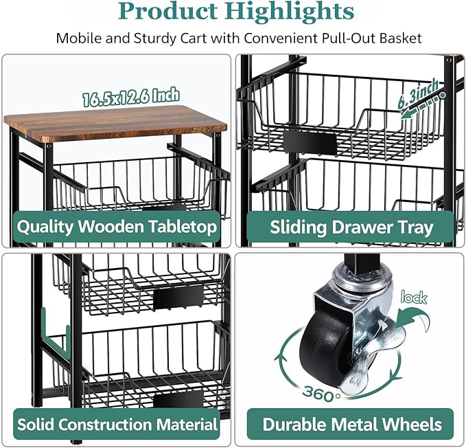 5-Tier Vegetable Fruit Basket Kitchen Storage Rolling Cart on Wheels - Image 8