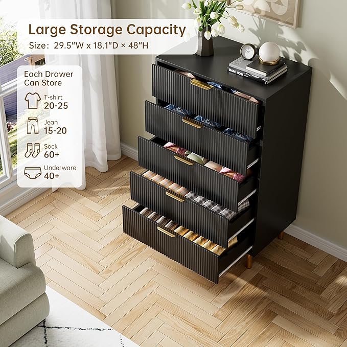 GarveeHome Black Dresser, Modern 5 Drawer Dresser - Image 6