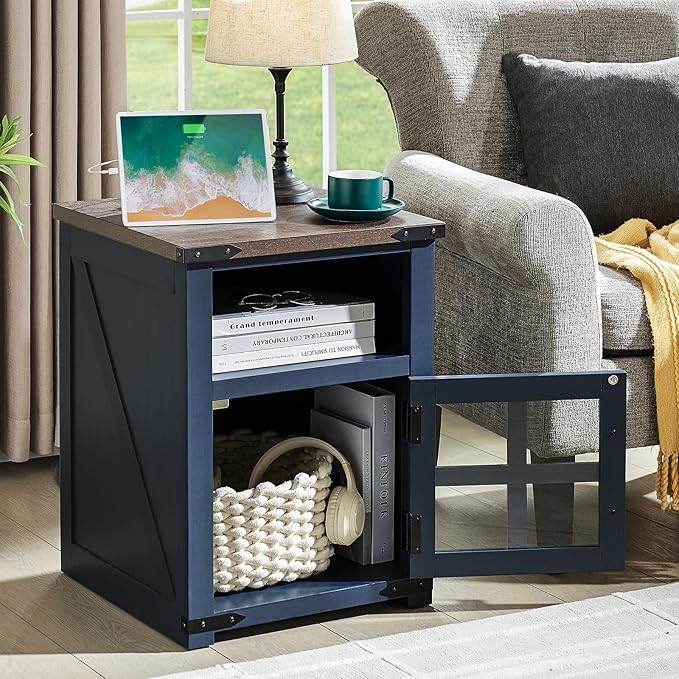 Farmhouse Nightstand with Charging Station, Rustic End Table with Tempered - Image 5