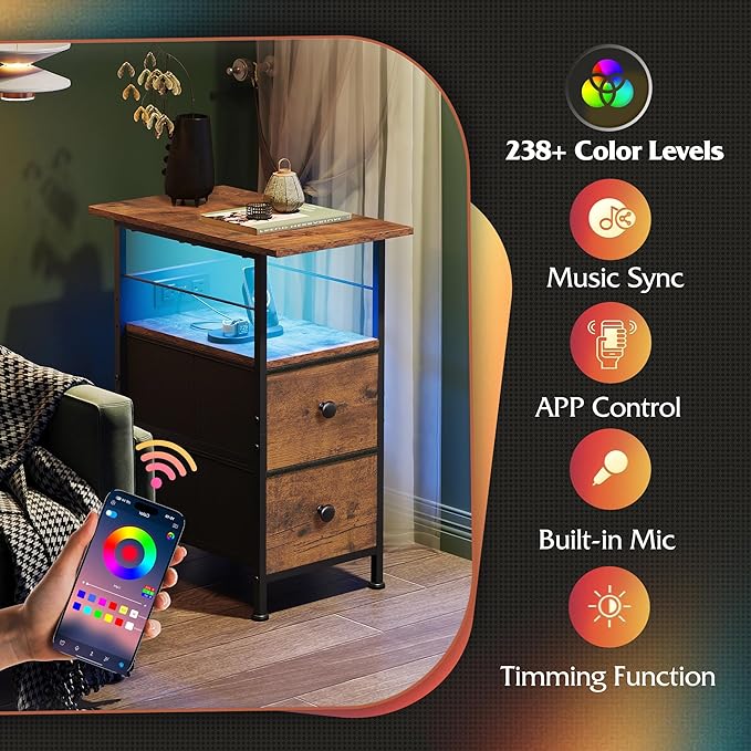 WLIVE Narrow Side Table with Charging Station, End Table with LED Lights - Image 5