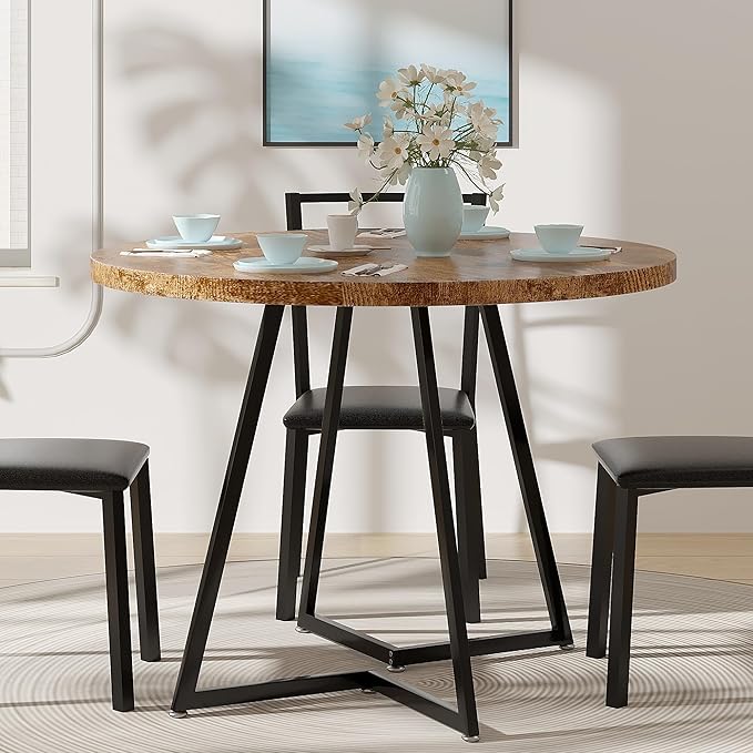 VECELO 35" Round Dining Table for 4, Wood-Grain Tabletop & Heavy-Duty Steel - Image 2