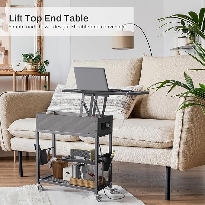 Colima Lift Top End Table with Charging Station and Wheels, Sofa Side Table - Image 7