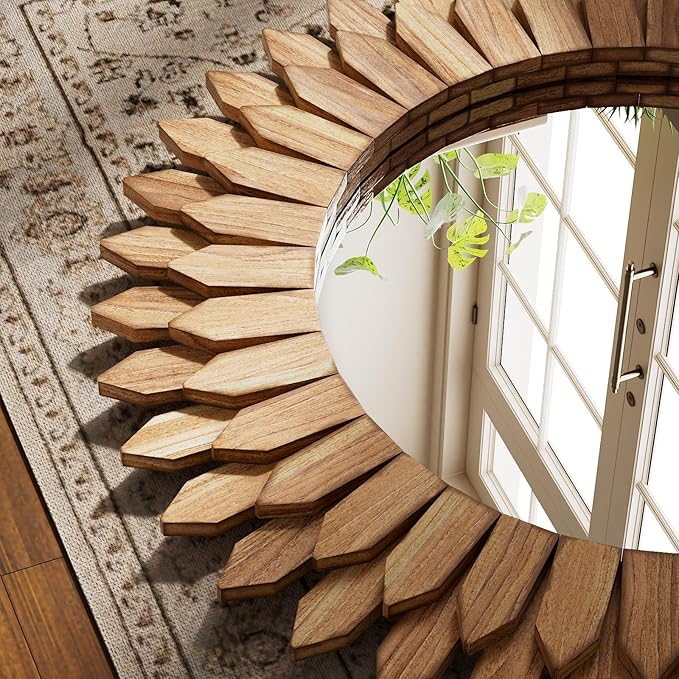 24 Inch Brown Boho Wall Decor Sunburst Mirror - Image 3