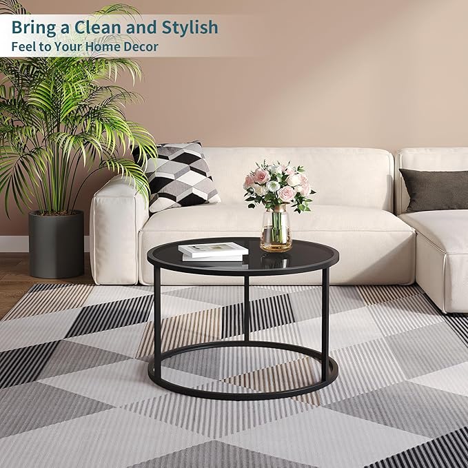 SAYGOER Black Glass Coffee Table Small Round Coffee Tables 27.6In Modern - Image 5