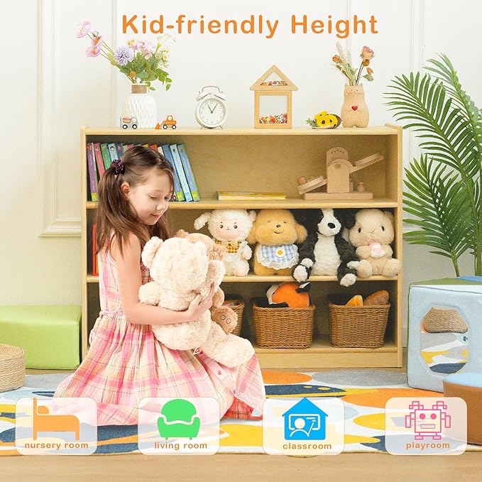 Kids Bookshelf and Toy Storage Shelf, Wooden Montessori Bookshelf, 3-Tier Toy - Image 2