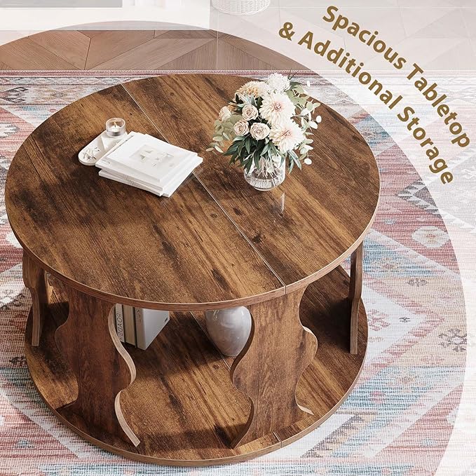 HSH Round Wood Coffee Table, Rustic Brown Circle Center Table - Image 4