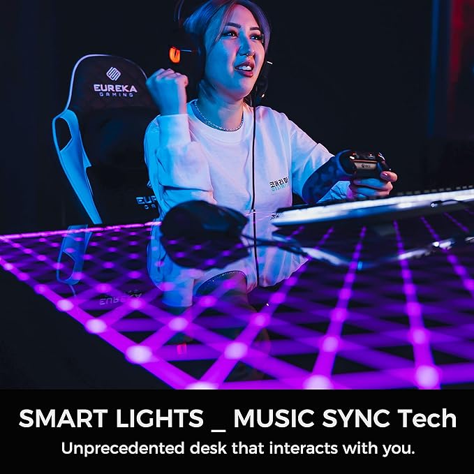 EUREKA ERGONOMIC RGB LED Lights 60 Inch L Shaped Reversible Black Glass Gaming - Image 9