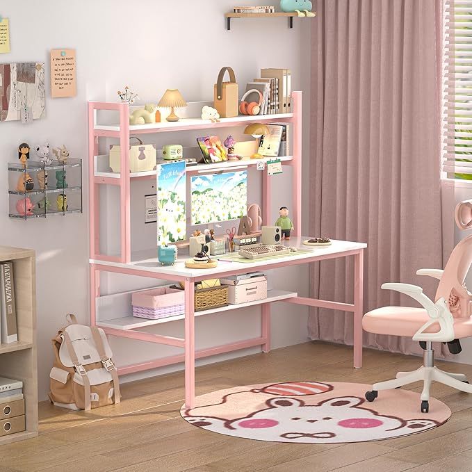Aquzee Pink Desk with Hutch for Girls, 55in Computer Desk with Bookshelf for - Image 6