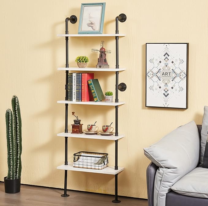 Pipe Shelves, 5 Tier Industrial Ladder Bookcase, Wall Mounted Metal Wood Rustic by ANYNICE
