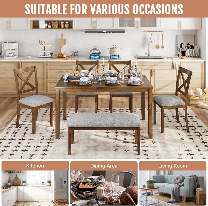 6-Piece Solid Wood Dining Table Set, Including 1 Dining Table, 4 Upholstered - Image 6