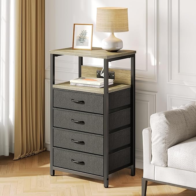 Seventable Night Stand with Charging Station, Tall Nightstand with 4 Fabric - Image 7