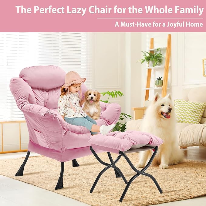 Lazy Chair with Folding Ottoman, Accent Chair Velvet Upholstered with Metal - Image 3