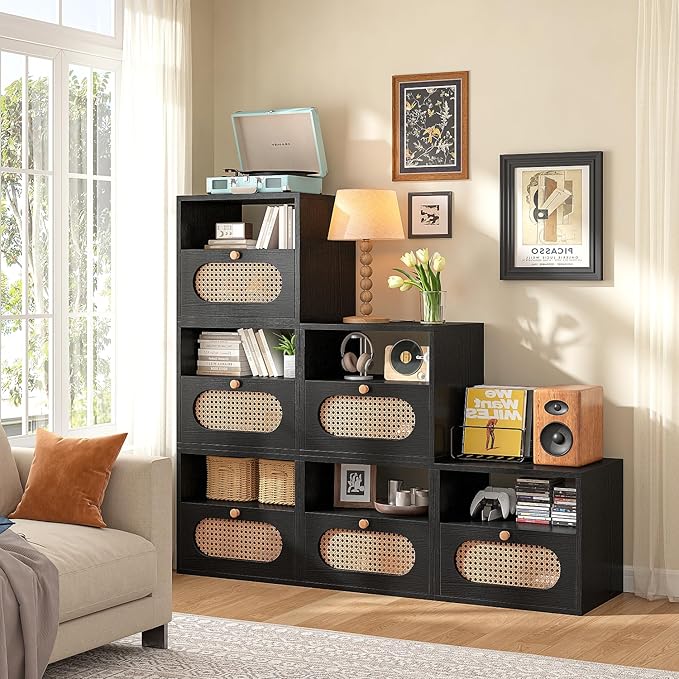 3-in-1 Modular TV Stand with Rattan Doors, DIY Media Console Boho Entertainment - Image 6