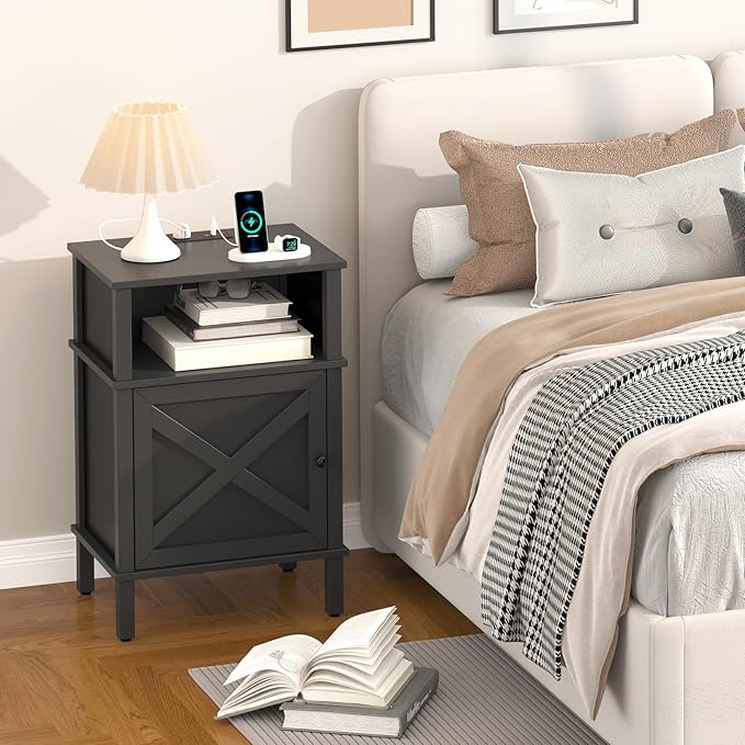 Nightstand with Charging Station, Farmhouse Nightstand, end Table with 2 Tiers - Image 2