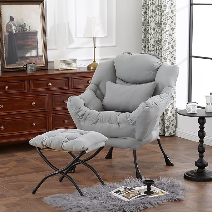 Lazy Chair with Ottoman, Modern Accent Chair with Lumbar Pillow, Comfy Chairs - Image 6