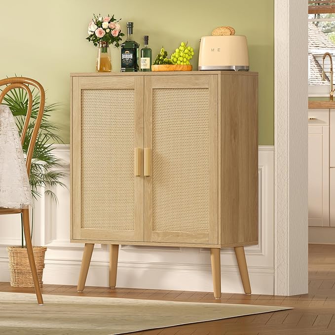 Iwell Storage Cabinet with 2 Shelves, Rattan Cabinet with 2 Doors, Sideboard - Image 2