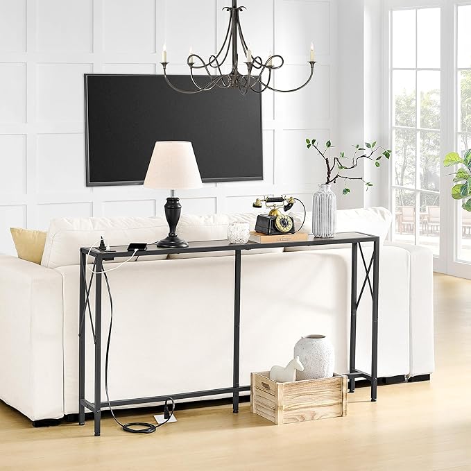 Sofa Table with Oulets and USB Ports, 55.1" Couch Table Behind Sofa, Industrial - Image 9
