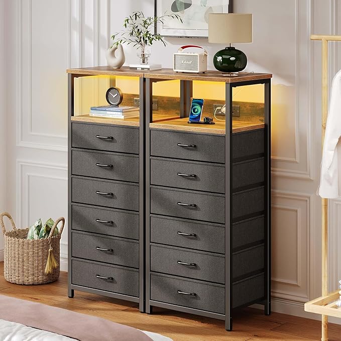 Seventable Night Stand with Charging Station, Tall Nightstand with 6 Fabric - Image 2
