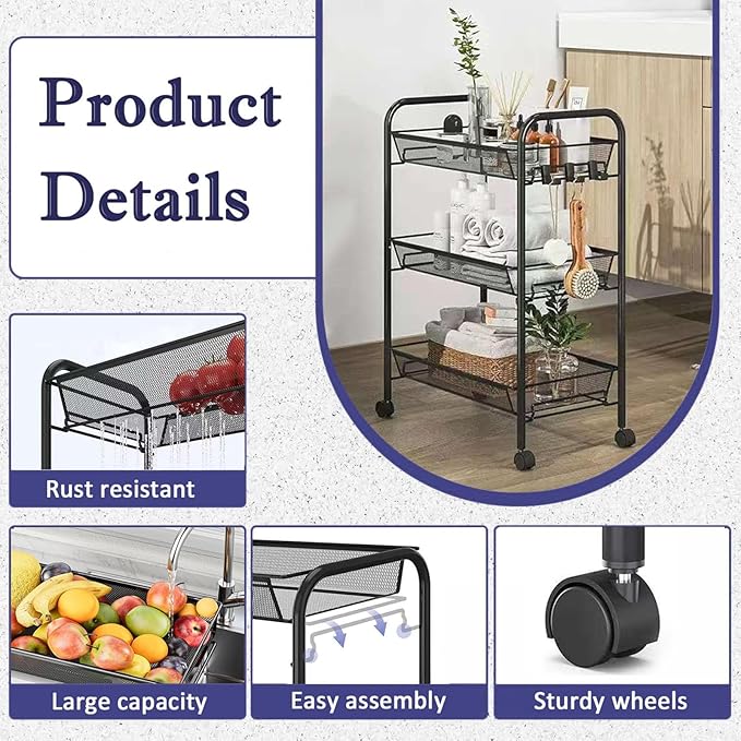 3 Tier Rolling Cart, Mesh Wire Utility Carts, Metal Storage Shelf - Image 5