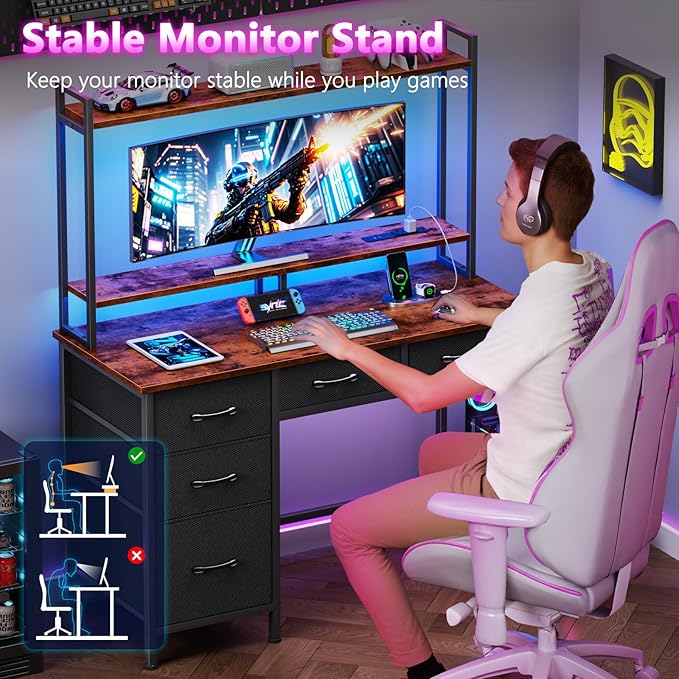 Computer Gaming Desk with Hutch, Home Office Desk with Power Outlets, LED Light - Image 8