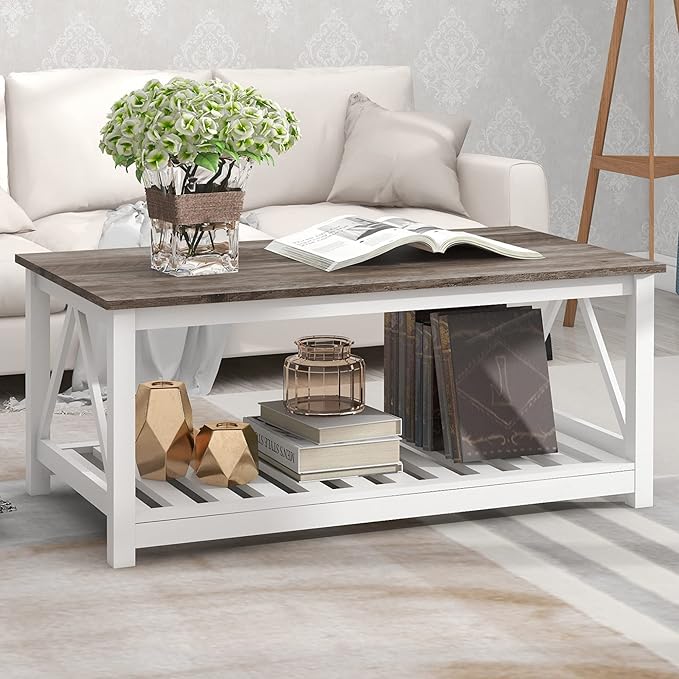 Farmhouse Coffee Table, 2-Tier Rectangular Wooden Centre Cocktail Table by UYIHOME