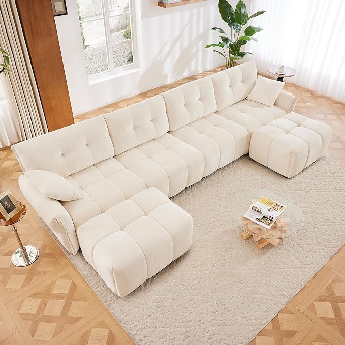 Modern Chenille Fabric 4-Seat Sofa w/Two Ottoman+2 Pillows, Premium Upholstery by FAVSH
