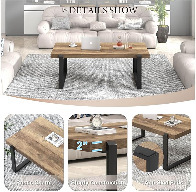 FOLUBAN Rustic Coffee Table, Modern Wood and Metal Industrial Center Table - Image 5