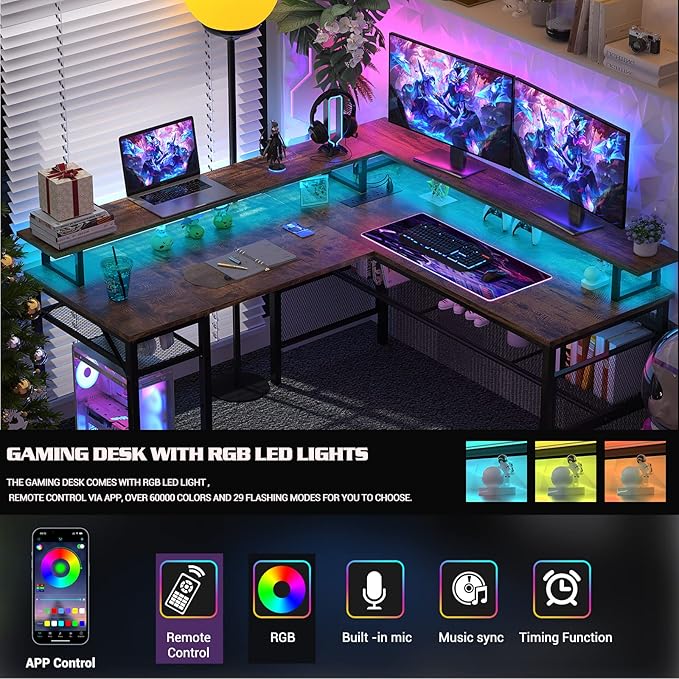 Unikito L Shaped Desk with LED Light and Power Outlet, Reversible Corner - Image 5