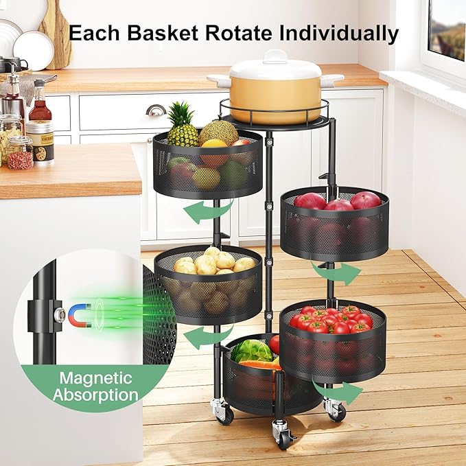 SAYZH Fruit Vegetable Basket for Kitchen, Rotating Storage Rack, 5 Tier Rolling - Image 2