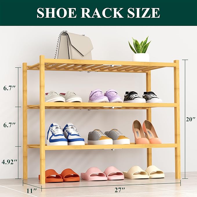 Smiry Shoe Rack, 3 Tier Thick Bamboo Shoe Organizer, Stackable Free Standing - Image 2