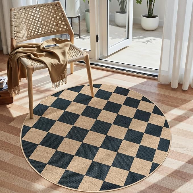 Lahome Checkered 4 ft Easy Jute Round Rug, Washable Small Rugs by Lahome