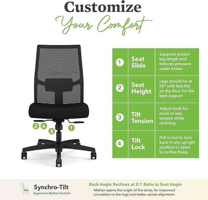 HON Ignition 2.0 Armless Ergonomic Office Chair, Adjustable Tilt, Swivel Wheels - Image 6