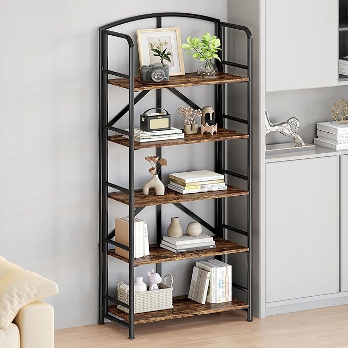 No-Assembly Folding Gold Bookshelf Storage Shelves 5 Tiers Vintage - Image 4