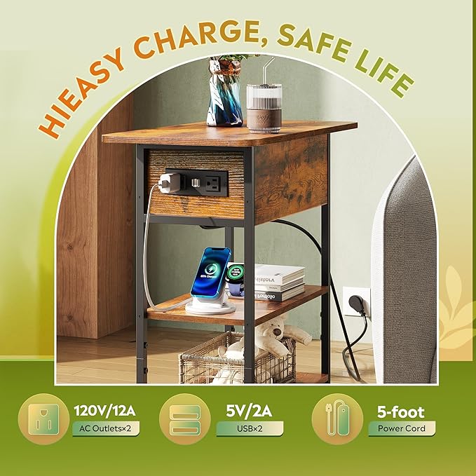 WLIVE End Table with Charging Station, Flip Top Side Table with Storage Shelf - Image 5