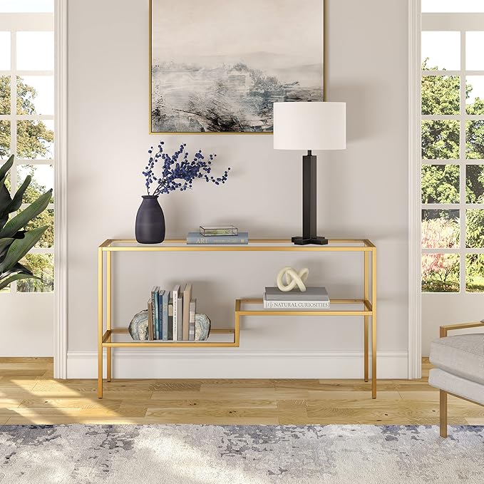 Henn&Hart 55" Wide Rectangular Console Table in Brass, Entryway Table, Accent - Image 2