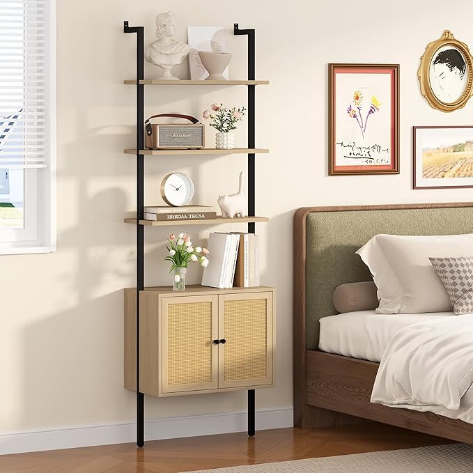 Yusong 73" Tall Bookshelf with Cabinet, Industrial Ladder Wall Mount Shelf - Image 7