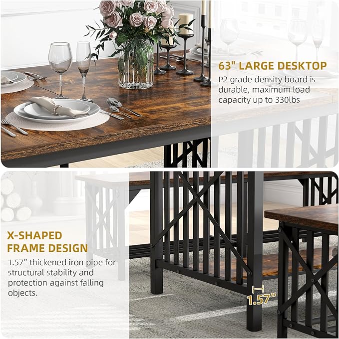 DWVO 3-Piece Dining Table Set for 4-6 People, Industrial Rectangular Dining - Image 6