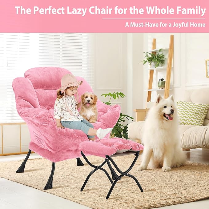 Lazy Chair with Folding Ottoman, Accent Chair Plush Upholstered with Metal - Image 4
