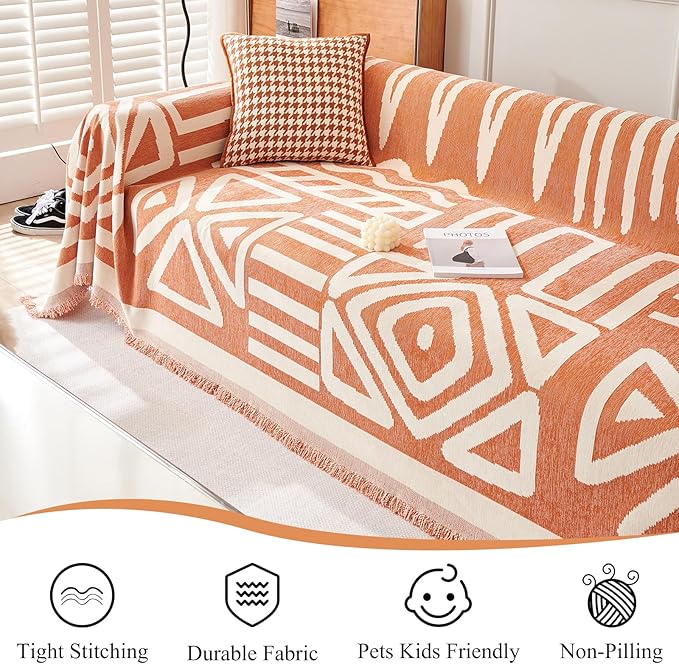 STACYPIK Thick Warm Orange Sofa Cover Armchair Slipcovers Boho Geometric Couch - Image 5