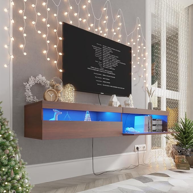 Floating TV Stand with Led Lights, 71 inch Wall Mounted TV Shelf with Power by ANTISTA-10YEARSFURNITURE